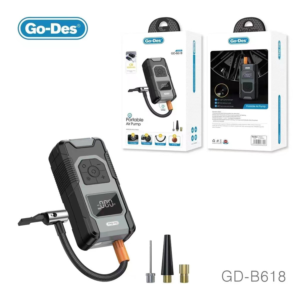 Go-Des Rechargeable Air Pump Tire Inflator Cordless Portable Compressor Digital Car Tyre Pump With 7500Mah Power Bank