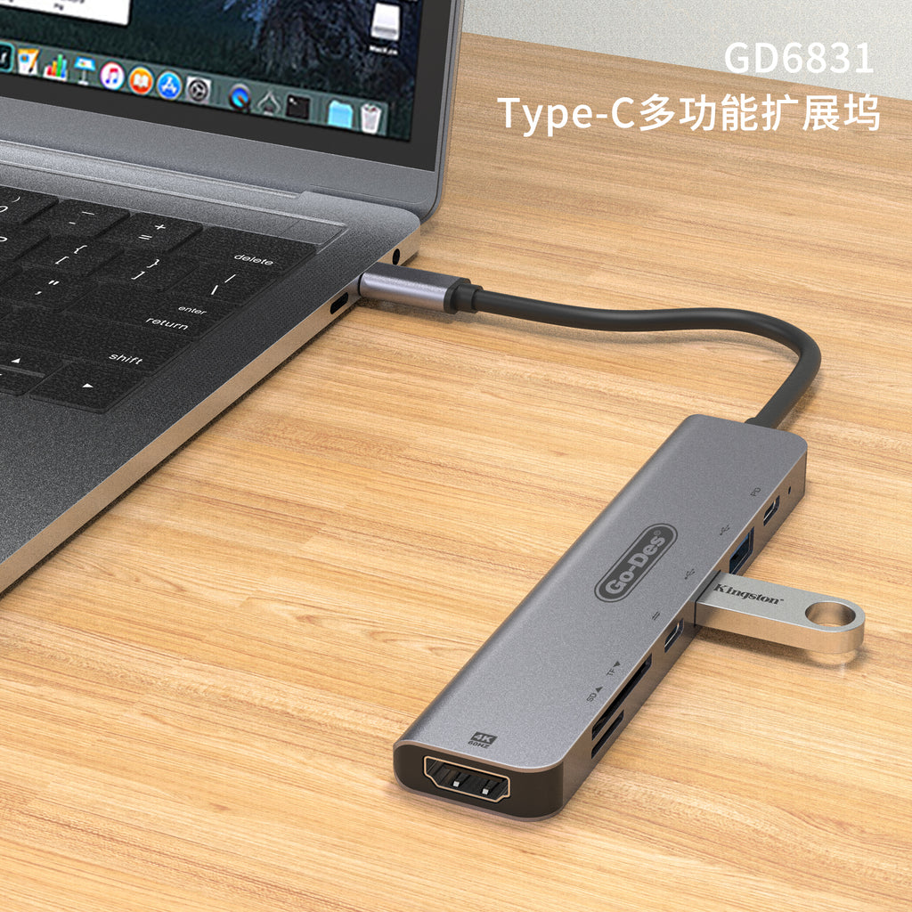 Go-Des 7 in 1 USB Type C to Adapter Hub with 4K HDMI,TF/ SD Card Reader, USB-C, PD charging, 2 USB-A for MacBook and more