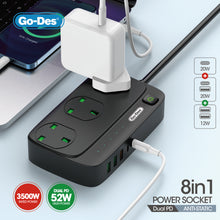 Cargar imagen en el visor de la galería, Go-Des UK Power Strip with USB Port 3-Way Socket 3 USB 2PD Port Socket Power Socket with 3M Bold Extension Cord Protector Plug