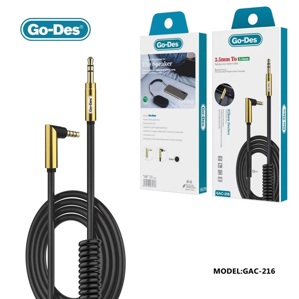 GAC-216 1.2meter /4FT Spring Coiled 3.5mm Stereo Aux Cable 4 Pole Right Go-Des Angle Audio Cable with Mic Volume Control for Phone Car Headphones Earphone