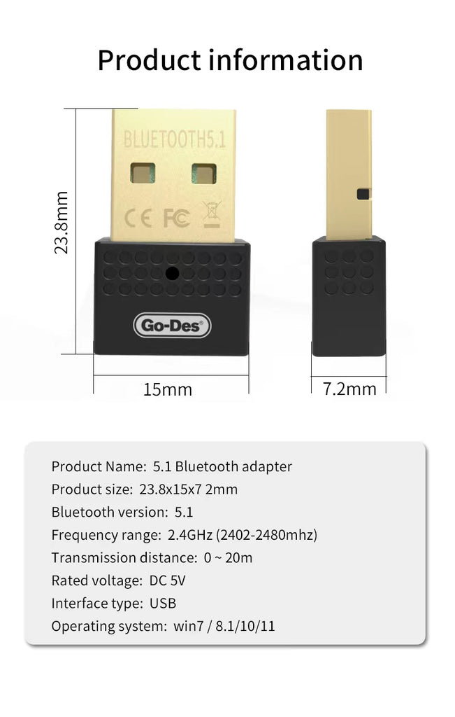 Go-Des USB BT5.1 适配器发射器蓝牙接收器音频 V5.1 蓝牙适配器无线 USB 适配器适用于计算机 PC 笔记本电脑
