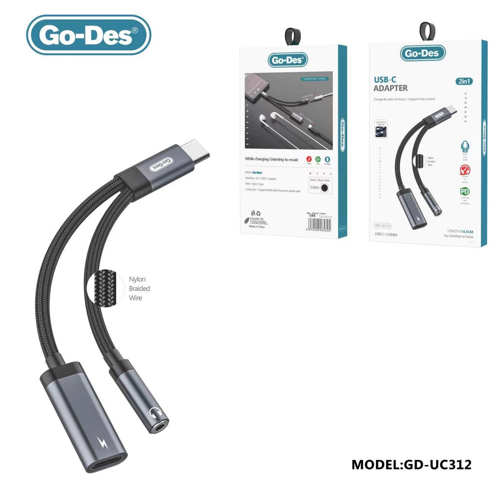 Go-Des  2 in 1 Type C male audio cable to 3.5mm female earphone Jack adapter with fast charging for Samsung Xiaomi