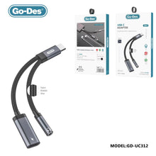 تحميل الصورة في عارض المعرض ، Go-Des  2 in 1 Type C male audio cable to 3.5mm female earphone Jack adapter with fast charging for Samsung Xiaomi